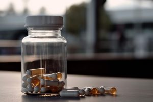 A small glass jar with capsules inside and outside.